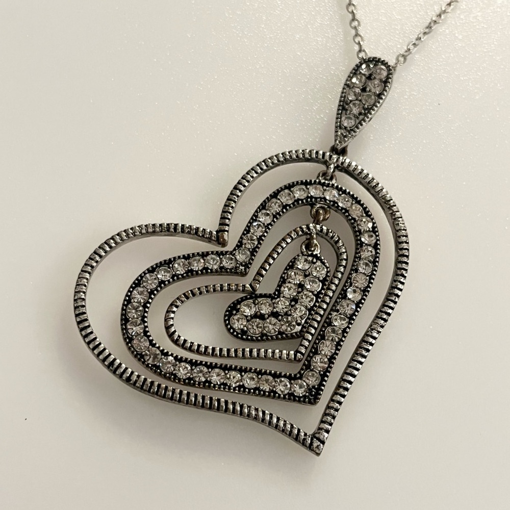 Rhinestone Layered Silver Tone Stacking Hearts Pe… - image 2